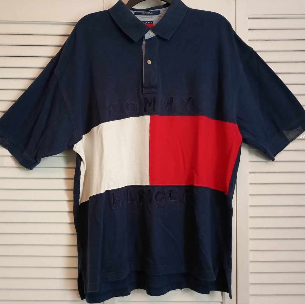 💙❤Men's Vintage Tommy Hilfiger Men's Signature Block Design Pique Polo (XL)♥️💙
